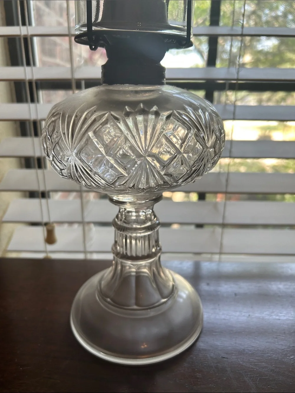 Vintage Antique Clear Glass Oil Lamp with Etched Pattern